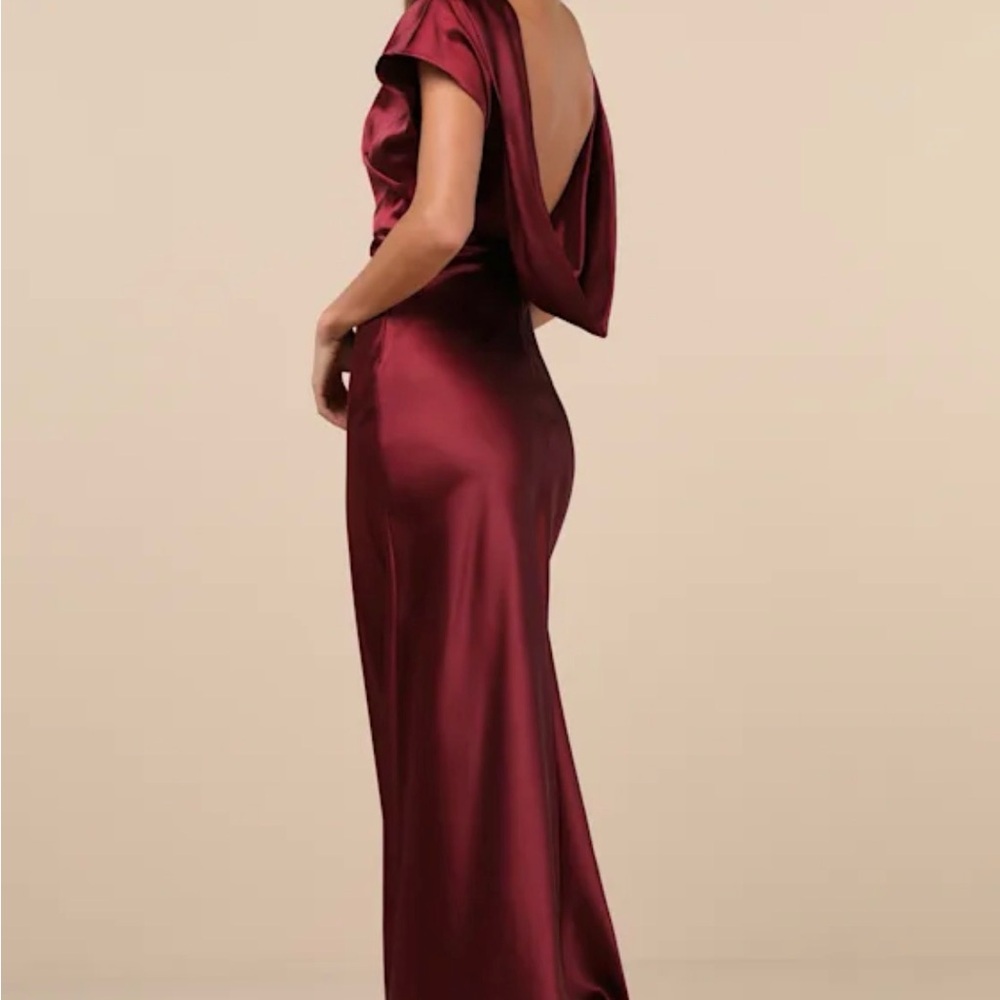 Lulu's Captivating Presence Wine Red Satin Cowl Back Maxi Dress